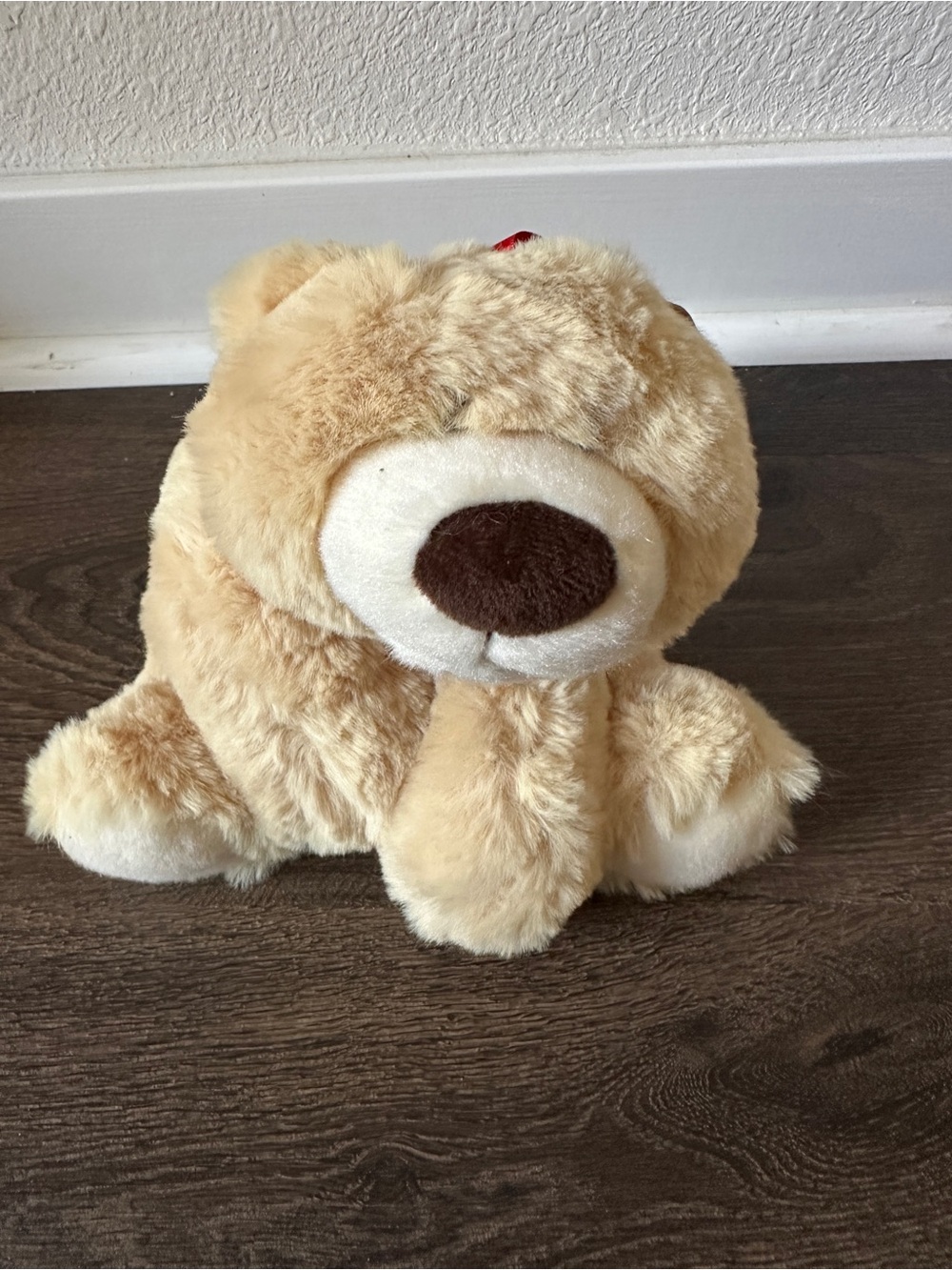 Aurora Plush Bear Mr. Cuddles Floppy Tan Stuffed Red Bow Bean Bag Laying new